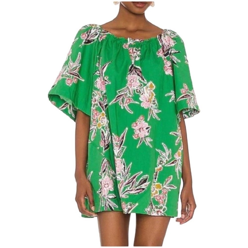 Free People Jodie Green Printed Tunic Dress in Gardenia Combo